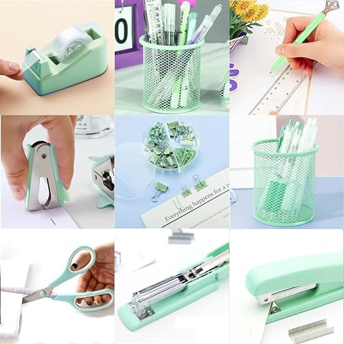 Green Desk Accessories, Green Office Supplies, Stapler, Staple Remover, Tape Holder, Pen Holder, Ballpoint Pen, Scissor, Binder Clips, Paper Clips and 1000pcs Staples.