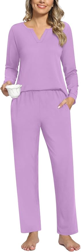Anyally Women's Plus Size Pajama Sets Ladies Fall Pjs 2 Pieces Lounge Outfits V Neck Long Sleeves Sleepwear with Pockets