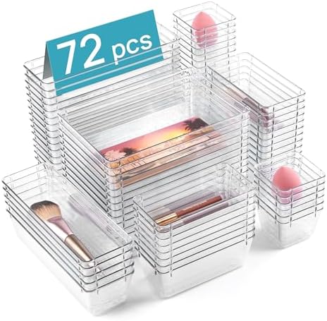 Vtopmart 72 PCS Clear Plastic Drawer Organizers Set, 4-Size Versatile Bathroom and Vanity Organizer Trays, Non-Slip Storage Containers for Makeup, Jewelries, Bedroom，Kitchen Utensils and Office