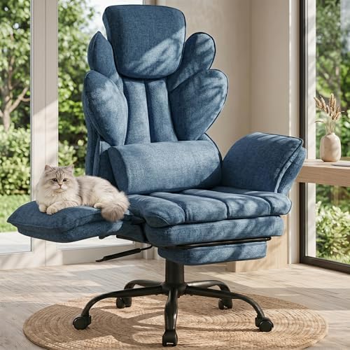 Flip Armrests Criss Cross Office Chair, Reclining Office Chair with Foot Rest, Adjustable Headrest, Massage Waist Pillow, Cross Legged Big and Tall Desk Chair Wide Seat Vanity Chair, Blue Fabric