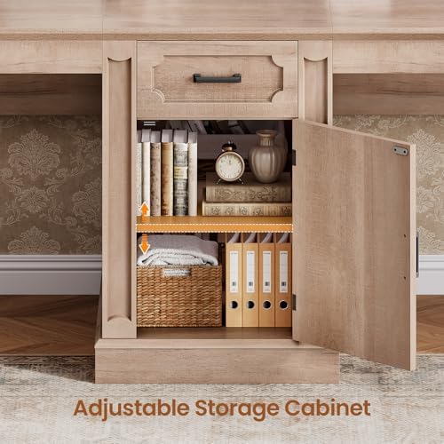 SEDETA Farmhouse 110.3" Two Person Desk with 7 Drawers, Long Computer Desk with Storage Cabinet, 2 Person Desk with Power Outlets for Home Office, Oak