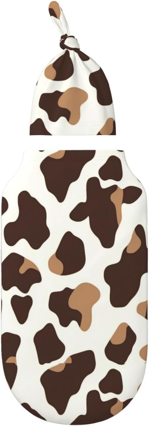 Newborn Swaddle Blankets and Hat Set Soft Cotton Baby Swaddle Wrap Warm Infant Receiving Blanket Cow Print-7