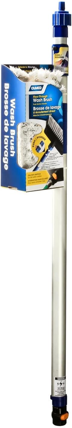 Camco Flow-Through Wash Brush with Push Button Telescoping Handle - Connect to Standard Water Hose to Clean Your Vehicle | Great for RV, Truck Boat and Car Washing - (41960)