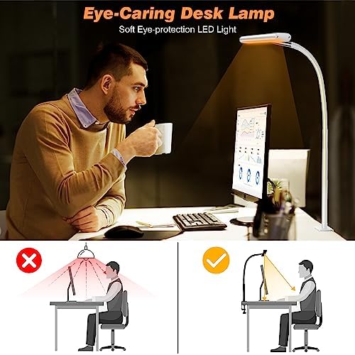 Airlonv LED Desk Lamp with Clamp, 17" Stepless Dimming Light, White