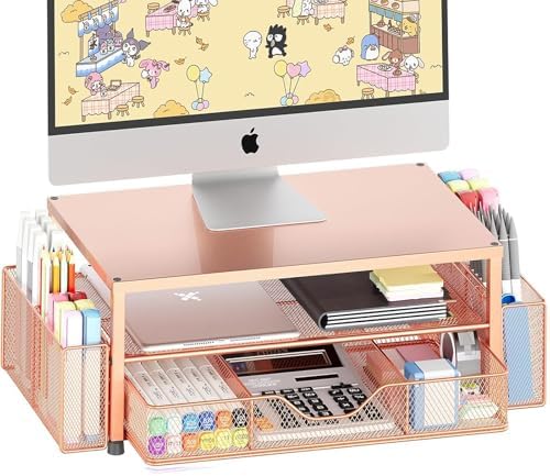 OPNICE Desk Organizer and Accessories, 2-Tier Computer Monitor Stand Riser with Drawer and 2 Pen Holders, Laptop Stand, Office Desk Accessories for Office Supplies, Rose