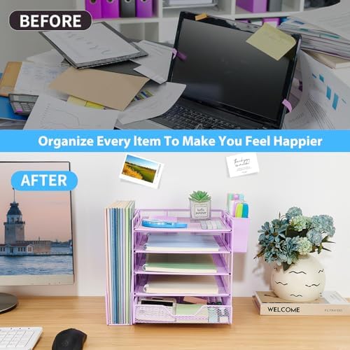 5-Tier Desk File Organizer with Drawer & Pen Holder (Purple)