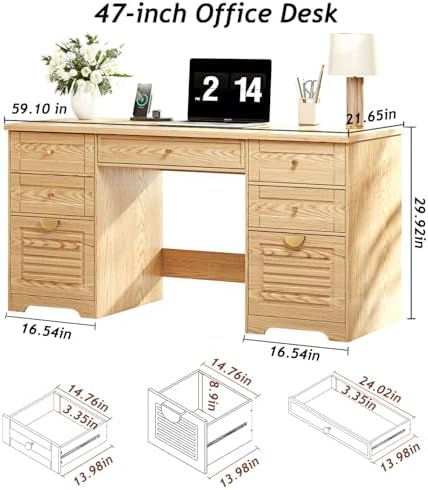 Ieejdn 59" Home Office Desks, Executive Desk, Farmhouse Computer Desk with 7 Drawers and Charging Station, File Drawer, Rustic Computer Writing Desk,Antique Wood