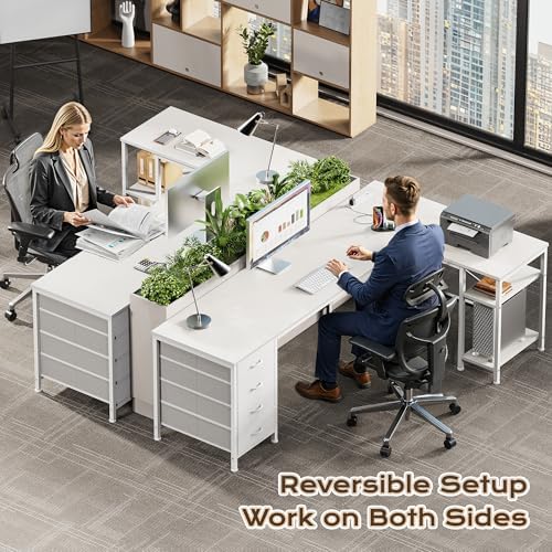 Huuger 63 Inch L Shaped Desk with Fabric Drawers, Reversible Computer Gaming Desk with Power Outlets and USB-C Port, Adjustable Side Storage Shelves, for Work Study Corner Home Office, White