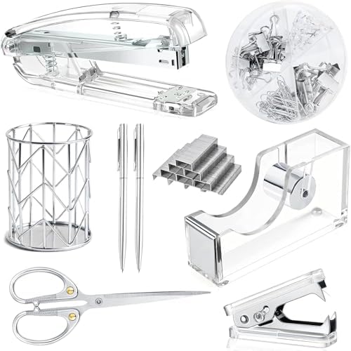 Office Desk Accessories，Office Supplies Set Acrylic Stapler Set Staple Remover, Tape Holder, Pen Holder, 2 Ballpoint Pen, Scissor, Binder Clips, Paper Clips and 1000pcs Staples(Silver)