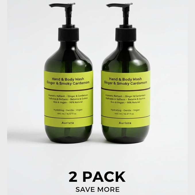 Hydrating Ginger & Smoky Cardamom Hand and Body Wash, 98% Natural, Vegan, Gentle Moisturizing Cleanser for All Skin Types, Paraben & Gluten-Free, Eco-Certified (2)