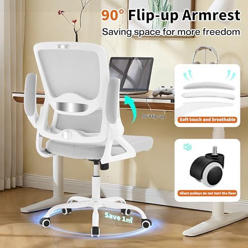 Ergonomic Office Chair,Mesh Office Chair with Lumbar Support,Mid Back Desk Chair with Flip-up Arms,400 lbs Comfy Computer Chair for Home Office (Off-White Gray)