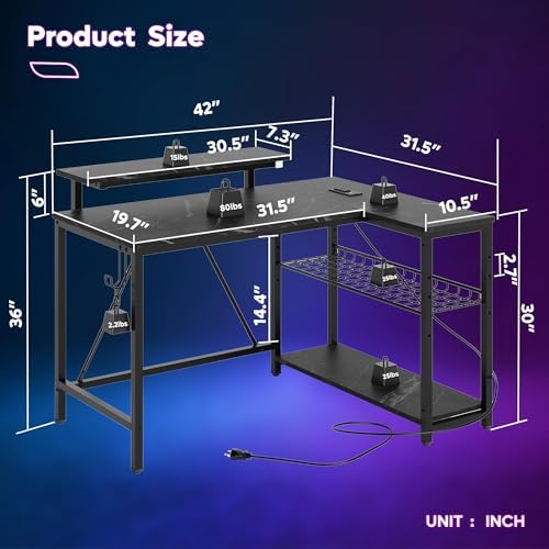 Bestier 42-Inch L-Shaped Gaming Desk with Charging & LED, Marble Black
