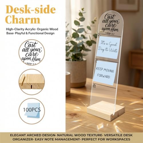 Monitor Memo Board, Sticky Note Holder, Message Board, Acrylic Desk Organizer with Wooden Base with 100Pcs Notes for Office Worker Men Women, Home Desktop and Office Desk Cast All Your Care Upon Him