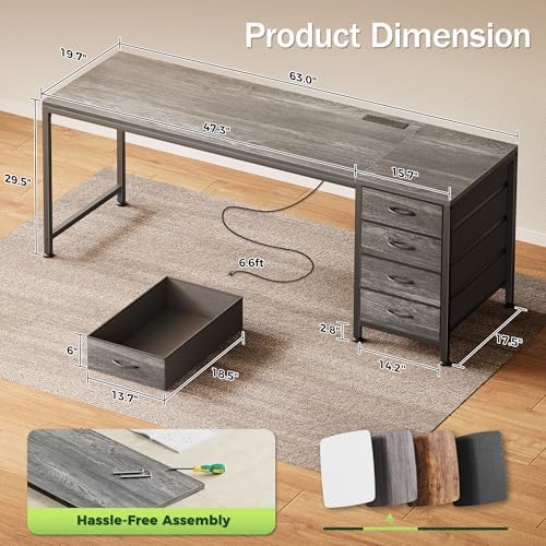 PRAISUN 63 Inch Computer Office Desk with Power Outelts and USB-C Port, Reversible Gaming Desk with 4 Fabric Drawers, Work Study Desk Work from Home, Grey