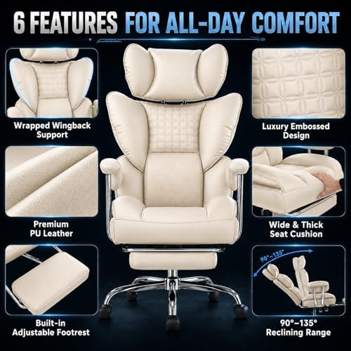 Big and Tall Office Chair 350 LBS, Scratch-Resistant PU Leather Executive Office Desk Chair with Footrest, Ergonomic Reclining Computer Chair with Pocket Spring Support for Home Office, Beige