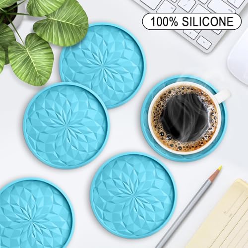 ME.FAN Silicone Coasters with Holder,[6 Pack] Drinking Coasters - Cup Mat for Hot or Cold Drinks, Thickened, Non-Slip, Non-stick,Deep Tray Sky Blue