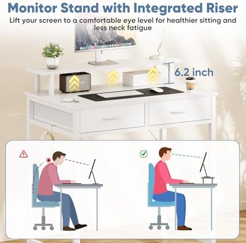 DUMOS 31-Inch Computer Desk with Drawers and Monitor Stand, White