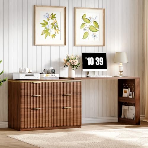 Ieejdn Computer Desk with 6 Drawers, 78" Modern Writing Desk with 0.98" Thickened Desktop & Storage Shelves, Adjustable direction & Extendable Executive Office Desk Study Table for Home Office, Walnut