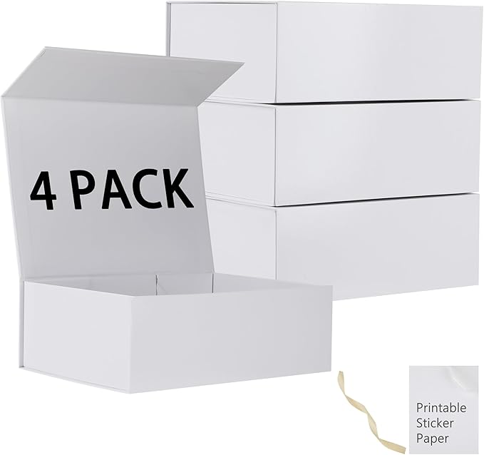 MUMUPACK 4 Pack White Gift Boxes With Lids,12x8x4.5 Inch Bridesmaid Proposal Box And Printable Stickers,Proposal Boxes With Ribbon For Wedding, Packaging, Present, Birthday