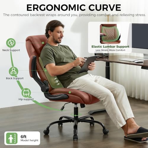 Office Chair, Ergonomic Executive Desk Chair with Lumbar Support for Lower Back Pain Relief, Padded Flip-Up Armrests, Leather Home Office Chair, Brown