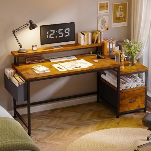 EnHomee 56.5" Office Desk with Drawers & Printer Space for Home Work,Brown
