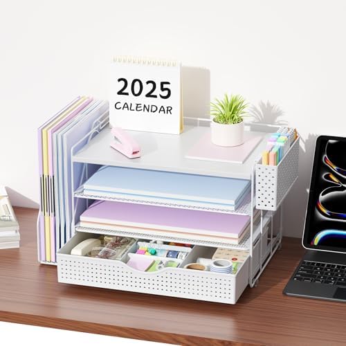 Wood Desk Organizers and Accessories with File Holder, 4-Tier Desk Accessories & Workspace Organizers with Drawer and Pen Holder, Desk Reference Organizer (White, 4T with Drawer)