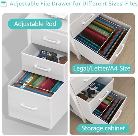 Lufeiya White Desk with File Drawers Cabinet, 47 Inch Reversible Computer Desk with Fabric Filing Cabinet for Bedroom Small Space Home Office, Modern Writing Table PC Desks, White
