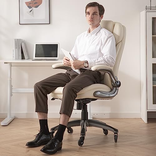 COLAMY Ergonomic High Back Office Chair, Ivory Bonded Leather Executive Desk Chair with Flip-up Arms, Thick Cushion, Silent Nylon Wheels, Adjustable Height & Rocking Function, 300lbs Capacity
