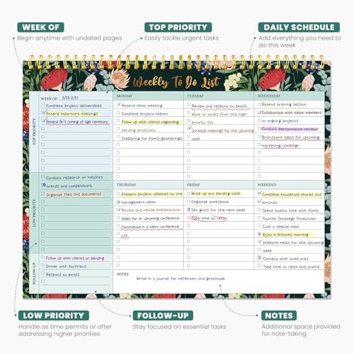 Weekly To Do List Notepad with 52 Undated Sheets（8.5"×11"）- Undated Weekly Planner Notepad for Office Desk Accessories and Supplies - Sage Blossom