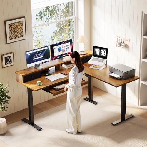 OffiGo 59 Inch L Shaped Electric Standing Desk with Drawers, Rustic Brown
