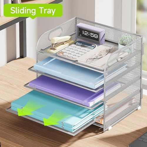 Cawukege 5 Tier Paper Organizer with Handle, Silver Metal Mesh Desk Organizer File Folder Paper Letter Tray Desktop Document Sorter for Classroom, School, Office Accessories Organization and Storage