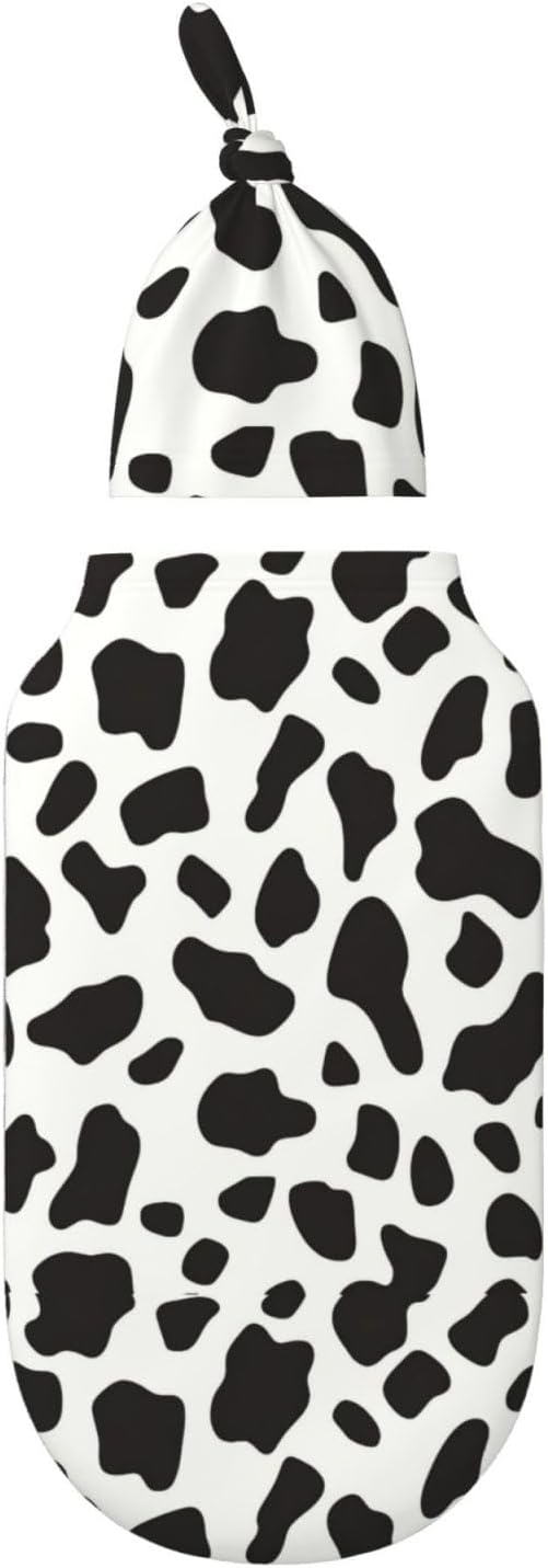 Newborn Swaddle Blankets and Hat Set Soft Cotton Baby Swaddle Wrap Warm Infant Receiving Blanket Cow Print-2