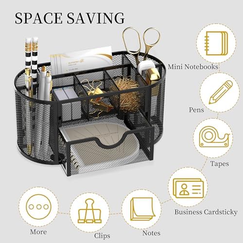 Mesh Desk Organizer with Drawer, 9-Compartment Pen Holder for Desk, Black