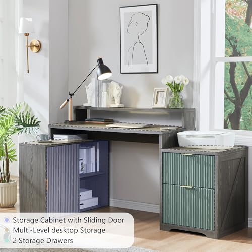 67"Modern Desk with Cabinet & 2 Drawers, Fluted Office Desk Built‑in Outlet