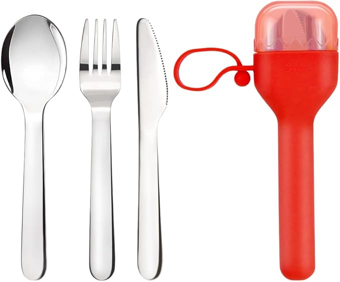 Sophico Travel Utensils Set for Camping and Kids Lunch Box, Stainless Steel Fork and Spoon, Knife Silverware Flatware Sets with Silicone Case - Portable & Leak-proof, Dishwasher Safe & BPA Free (Red)