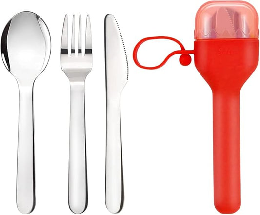 Sophico Travel Utensils Set for Camping and Kids Lunch Box, Stainless Steel Fork and Spoon, Knife Silverware Flatware Sets with Silicone Case - Portable & Leak-proof, Dishwasher Safe & BPA Free (Red)