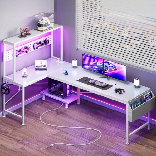 PRAISUN L Shaped Gaming Desk with LED Lights & Power Outlets