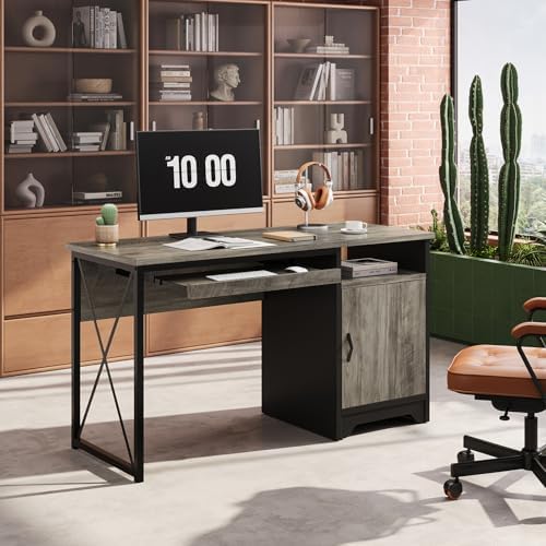 Bestier 47-Inch Office Desk with Storage Cabinet & Keyboard Tray, Grey