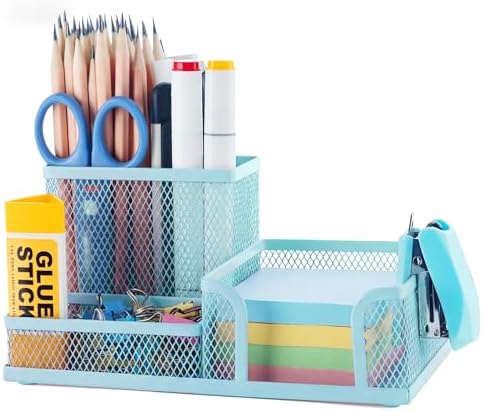 M&G Mesh Pen Holder Desk Organizers Pencil Holder for Desk Light Blue, 3 Compartments Metal Office Supply Organizer with Sticky Notes Holder for Home Office