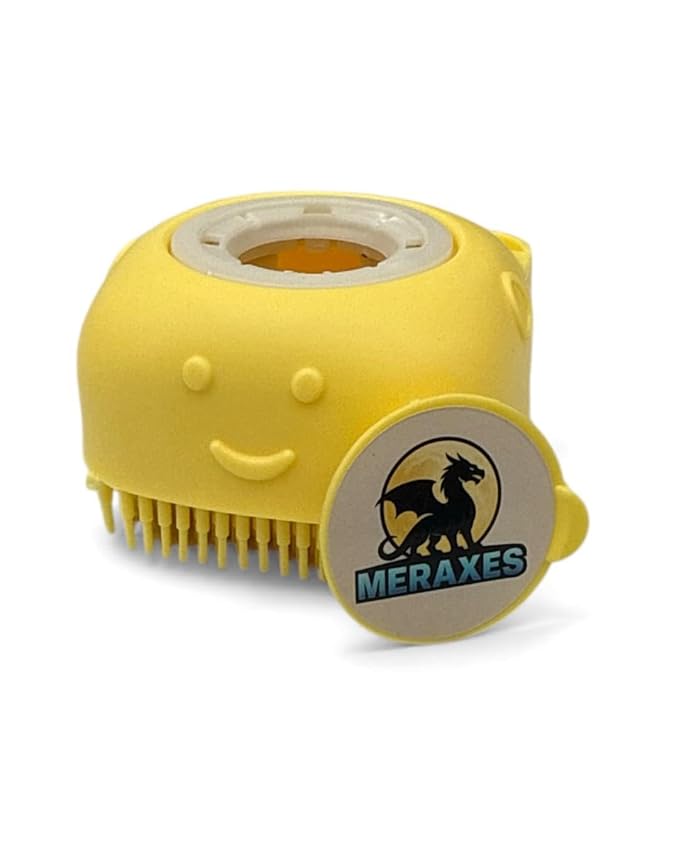MERAXES Pet Grooming Bath Brush with Soap Dispenser – Soft Silicone Massage Bristles for Dogs & Cats, Gentle Deshedding & Deep Cleaning for Long or Short Hair – Yellow