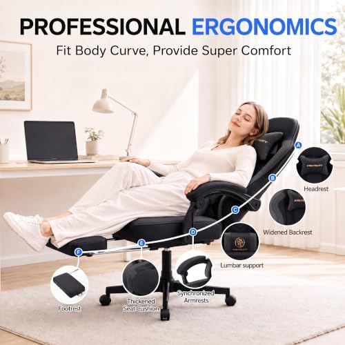 Desk Computer Gaming Chair - High Back Ergonomic Office Chair with Footrest and Lumbar Support, Swivel Comfy Home Gamer Video Game Chairs with Pocket Spring Cushion for Adults (Black Leather)