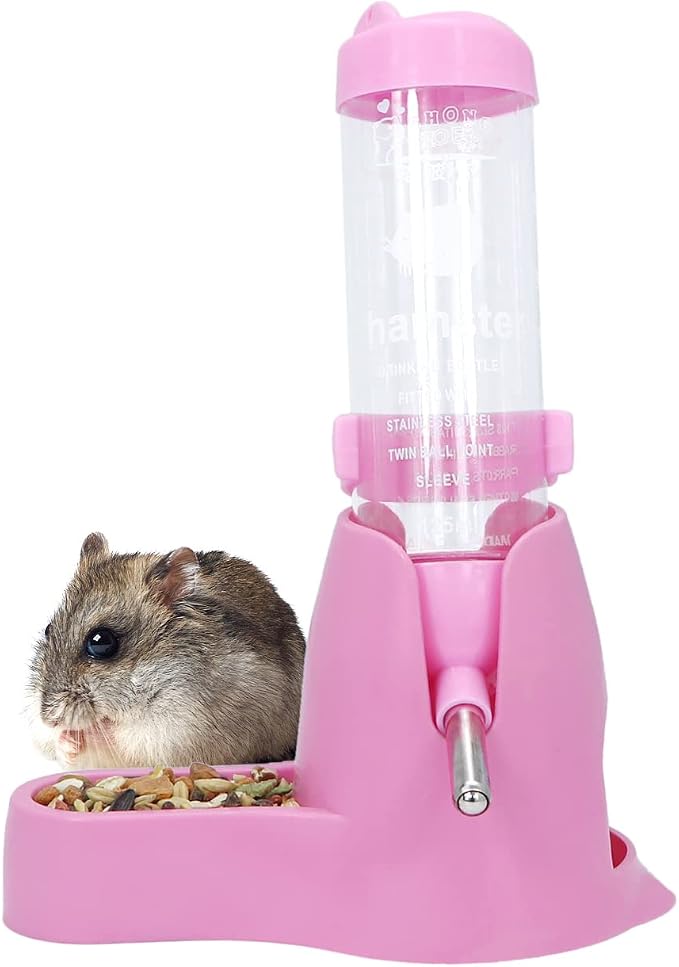 Wontee 3 in 1 Hamster Water Bottle with Food Bowl Hideout Base, 125ML, Pink | Water dispenser, food container, hideout, stable base, easy to refill, for glass tank/cage, dwarf hamster/mouse/gerbil, 4.2oz
