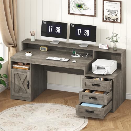 65" Farmhouse Computer Desk with Drawers and Printer Stand for Home Office