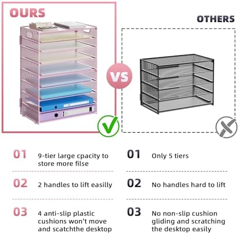 Marbrasse Paper Organizer Letter Tray, 9 Tier Mesh File Organizer with Handle, Paper Sorter Desk Organizer for Home Office Supplies - Pink