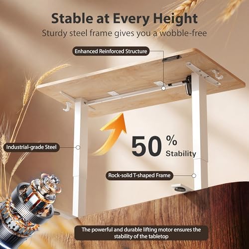 Cubiker Standing Desk, 48x24 Inches Sit Stand Home Office Desk, Electric Stand up Desk, Adjustable Desk with Splice Board, White Frame/Maple Top