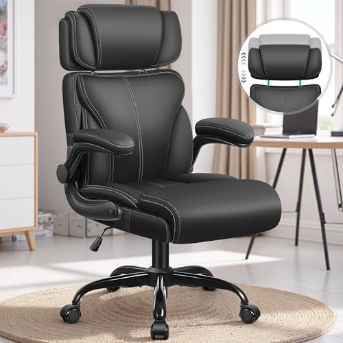Office Chair, Ergonomic Big and Tall Computer Desk Chair with Retractable Adjustable Headrest, Executive Breathable Leather Chair, Lumbar Support Swivel Flip-up Armrests Rocking Function,Matte Black