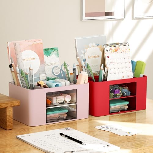 Marbrasse Pen Organizer with 2 Drawer, Multi-Functional Pencil Holder for Desk, Desk Organizers and Accessories with 5 Compartments + Drawer for Office Art Supplies (Red)
