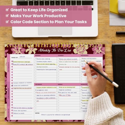 Weekly To Do List Notepad with 52 Undated Sheets（8.5"×11"）- Undated Weekly Planner Notepad for Office Desk Accessories and Supplies - Wine Bloom