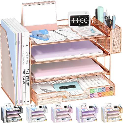 OPNICE Desk Organizers and Accessories, 4-Tier Desktop File Organizer with Drawer and Pen Holders, Office Desk Accessories Workspace Organizers for Office Supplies (Rose Gold)