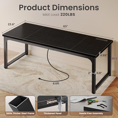Huuger 63 x 24 inch Desk with Power Outlets & 0.95 Inch Thicker Desktop